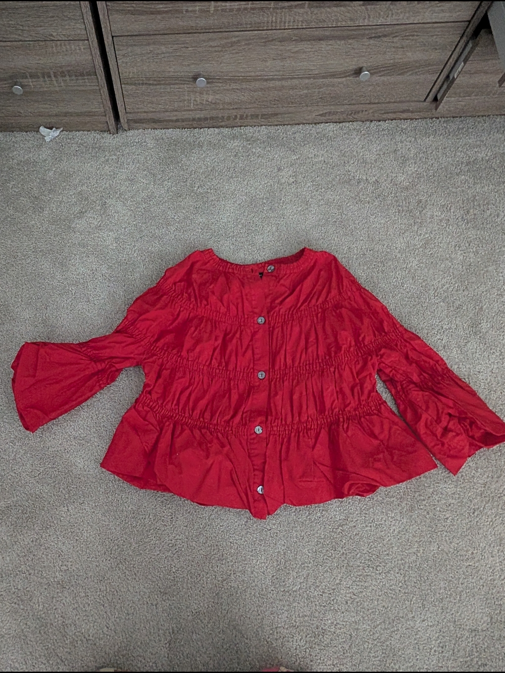 Red Tiered Button-Front Peplum Blouse with Bell Sleeves